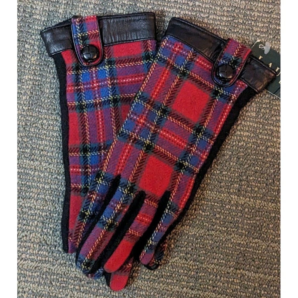 Lauren Ralph Lauren Tartan Plaid & Black Gloves Women's Medium Wool Cashmere